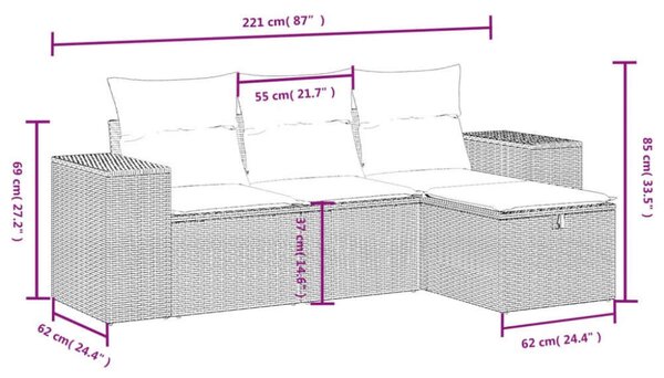 Polyrattan Kerti Ülőgarnitúra - 4 részes - Szürke