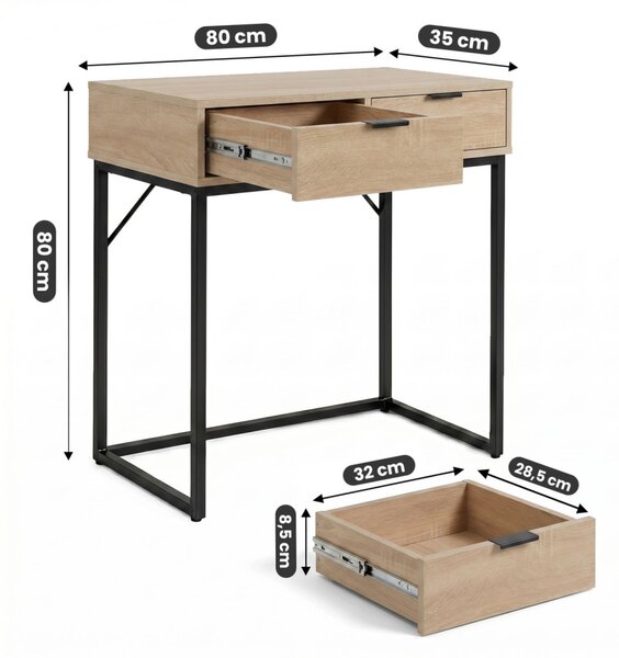 AKORD ELANO Loft Konzolasztal 2 Fiókkal 80 cm Sonoma Tölgy Fekete Lábakkal