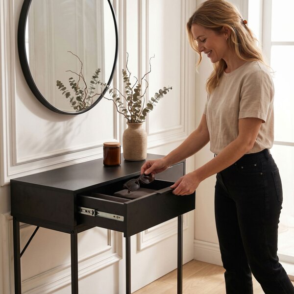 AKORD ELANO Loft Konzolasztal 2 Fiókkal 80 cm Fekete Fém Lábakkal