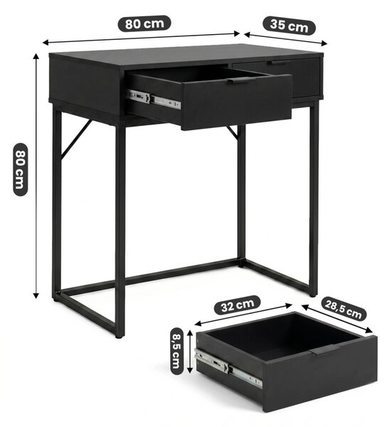 AKORD ELANO Loft Konzolasztal 2 Fiókkal 80 cm Fekete Fém Lábakkal