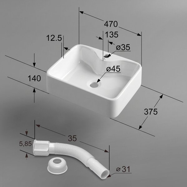 AKORD Aura Nablatowa Mosdókagyló Kerámia Fehér 47 cm