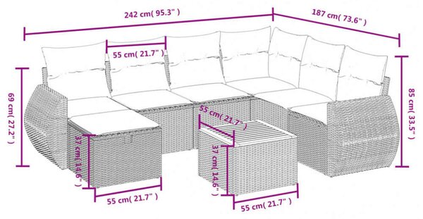 VidaXL Polyrattan Kerti Ülőgarnitúra - 8 részes - Szürke