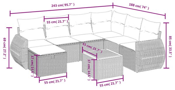 VidaXL Polyrattan Kerti Ülőgarnitúra - 8 részes - Szürke