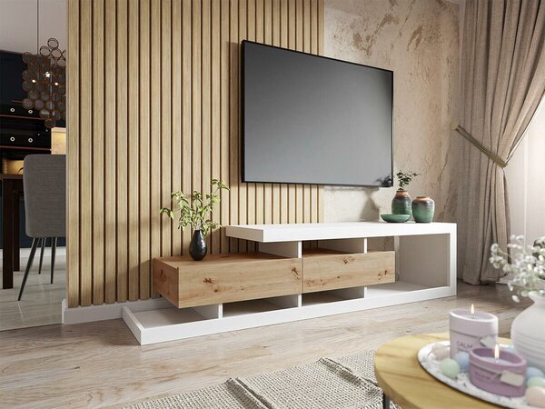 TV-állvány Rosmara, Laminált forgácslap, 45x198x40cm, Fehér, Wotan tölgy