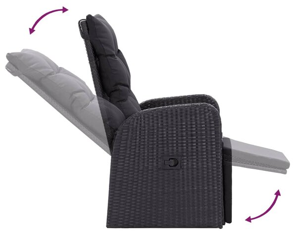 2 db fekete polyrattan dönthető kerti szék párnával