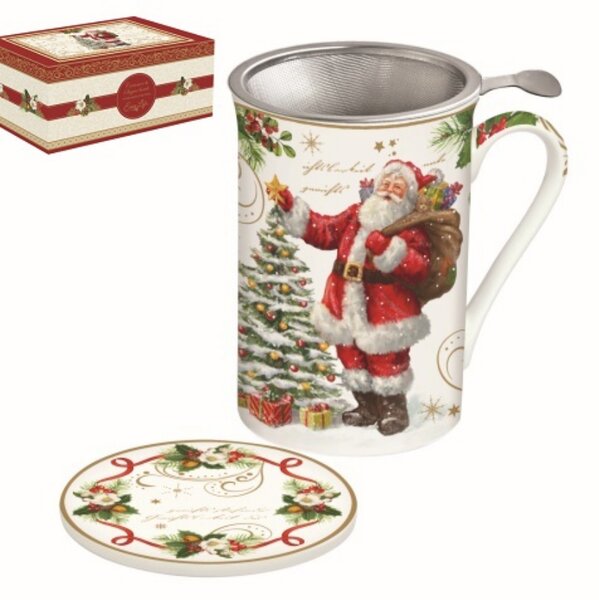 Porcelán teás bögre tetővel, fém szűrővel, 300ml, dobozban, Magic Christmas