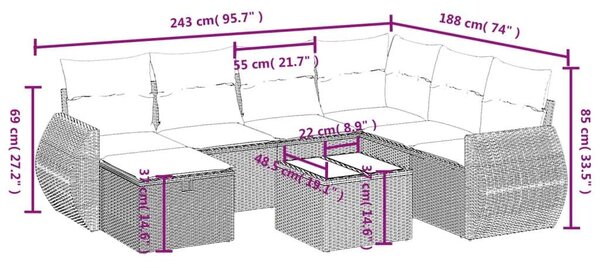 VidaXL Polyrattan Kerti Ülőgarnitúra - 8 részes - Szürke