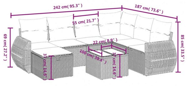 VidaXL Polyrattan Kerti Ülőgarnitúra - 8 részes - Szürke
