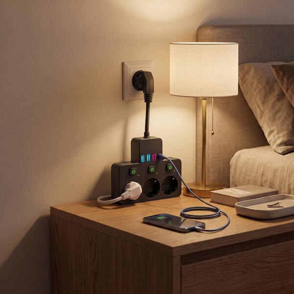 Toolight Toollight, JNH018, 3 foglalatos + 3× USB-A + USB-C elosztó LED lámpával, fekete, OSW-56307