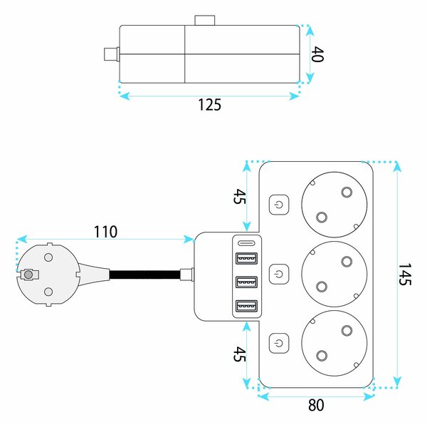 Toolight Toollight, JNH018, 3 foglalatos + 3× USB-A + USB-C elosztó LED lámpával, fekete, OSW-56307