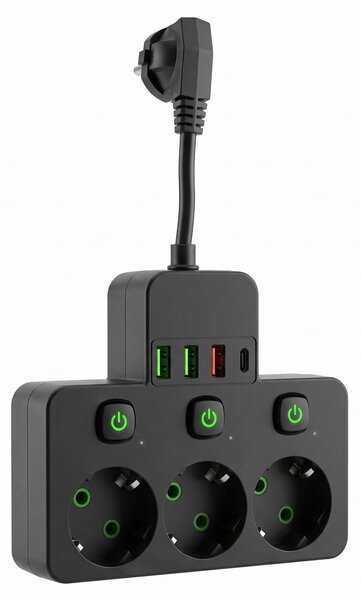 Toolight Toollight, JNH018, 3 foglalatos + 3× USB-A + USB-C elosztó LED lámpával, fekete, OSW-56307