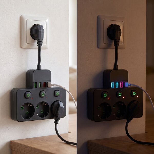 Toolight Toollight, JNH018, 3 foglalatos + 3× USB-A + USB-C elosztó LED lámpával, fekete, OSW-56307