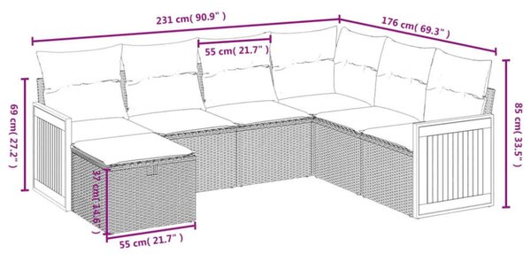 Polyrattan Kerti Ülőgarnitúra - 7 részes - Szürke