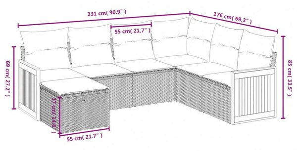 Polyrattan Kerti Ülőgarnitúra - 7 részes - Szürke