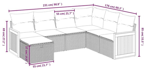 Polyrattan Kerti Ülőgarnitúra - 7 részes - Szürke
