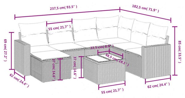 VidaXL Polyrattan Kerti Ülőgarnitúra - 8 részes - Szürke