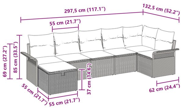 7 darabos kerti kanapé szett párnákkal, szürke, polirattan