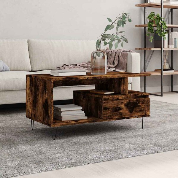 Füstös tölgy színű szerelt fa dohányzóasztal 90x49x45 cm