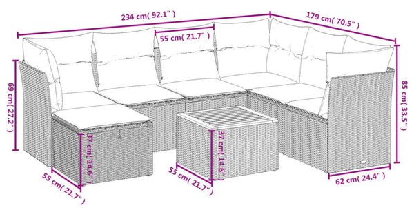 Polyrattan Kerti Ülőgarnitúra - 8 részes - Szürke
