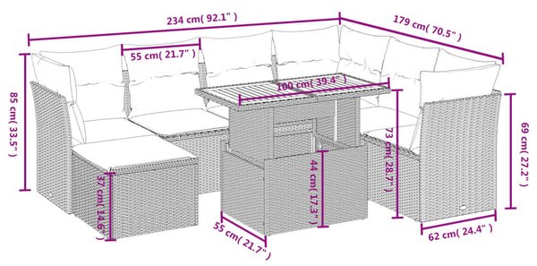 Polyrattan Kerti Ülőgarnitúra - 8 részes - Szürke