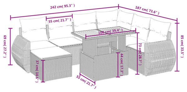 Polyrattan Kerti Ülőgarnitúra - 8 részes - Szürke