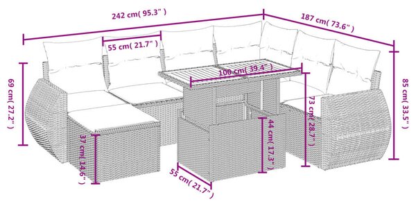 Polyrattan Kerti Ülőgarnitúra - 8 részes - Szürke