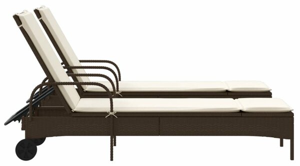 VidaXL Napozóágy Szett - 2 db, Barna Polyrattan, Párnával