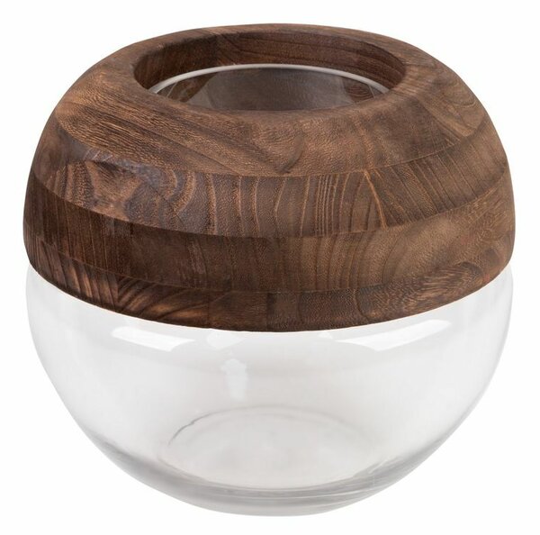 Grace1 08 dekoratív gömb váza üvegből és fából Fehér/barna 25x23 cm