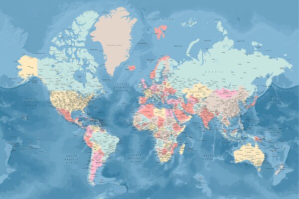 Light blue and pastels detailed world map Térképe, Blursbyai, (40 x 26.7 cm)