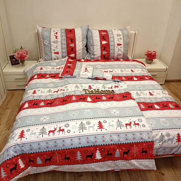 Karácsonyi hóember piros pamut ágyneműhuzat TiaHome - 1x Párna 90x70cm, 1x Paplan 140x200cm