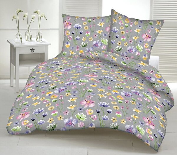 Mezei Virágok szürke pamut ágyneműhuzat TiaHome - 1x Párna 90x70cm, 1x Paplan 140x200cm