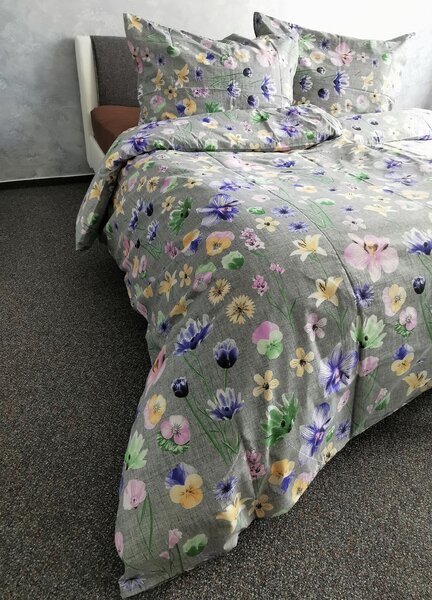 Mezei Virágok szürke pamut ágyneműhuzat TiaHome - 1x Párna 90x70cm, 1x Paplan 140x200cm