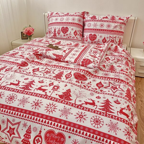 Karácsonyi Christmas piros pamut ágyneműhuzat TiaHome - 1x Párna 90x70cm, 1x Paplan 140x200cm