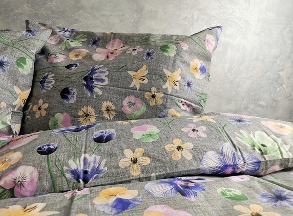 Mezei Virágok szürke pamut ágyneműhuzat TiaHome - 1x Párna 90x70cm, 1x Paplan 140x200cm