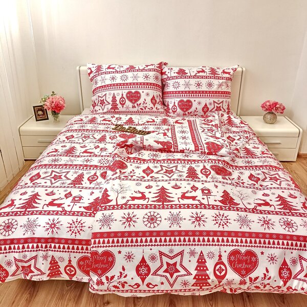 Karácsonyi Christmas piros pamut ágyneműhuzat TiaHome - 1x Párna 90x70cm, 1x Paplan 140x200cm