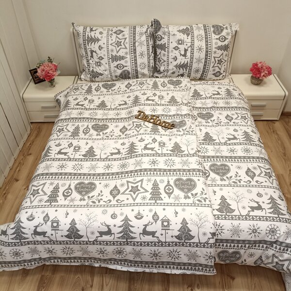 Karácsonyi Rénszarvas szürke pamut ágyneműhuzat TiaHome - 1x Párna 90x70cm, 1x Paplan 140x200cm