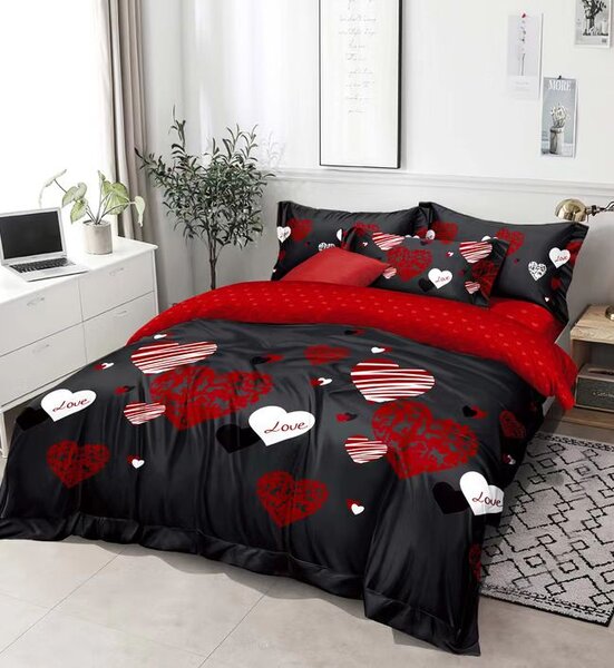 3 részes ágyneműhuzat Polycotton Hearts Black 200x140cm+90x70cm TiaHome
