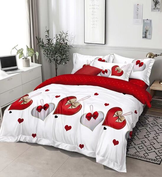3 részes ágyneműhuzat Polycotton Szívek piros és fehér 200x140cm+90x70cm TiaHome