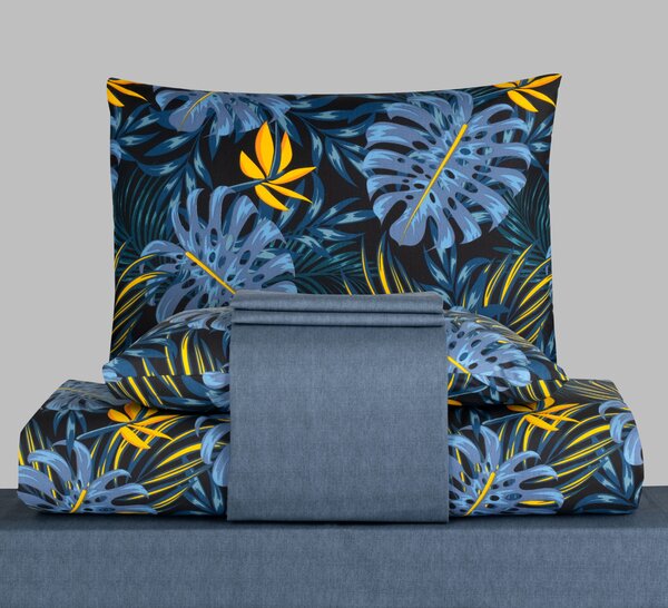 Monestera kék pamut ágyneműhuzat TiaHome - 1x Párna 90x70cm, 1x Paplan 140x200cm