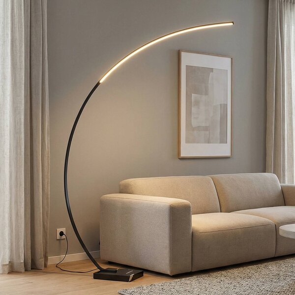 Lindby LED íves állólámpa Kendra, fekete, alumínium, magasság 180cm, dimmelhető, Fekete, Nappali / Étkező, fém, Modern