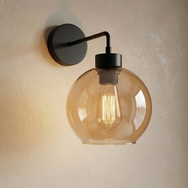 TK Lighting Cubus fali világítás, fekete/borostyán, üveg, Ø 18 cm, E27, dimmelhető, Tiszta / átlátszó, Nappali / Étkező, Üveg, Modern