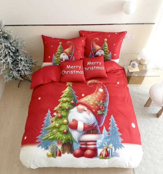 3 részes karácsonyi flanel ágyneműhuzat 3D polipamut piros törpe 200x140cm+90x70cm TiaHome