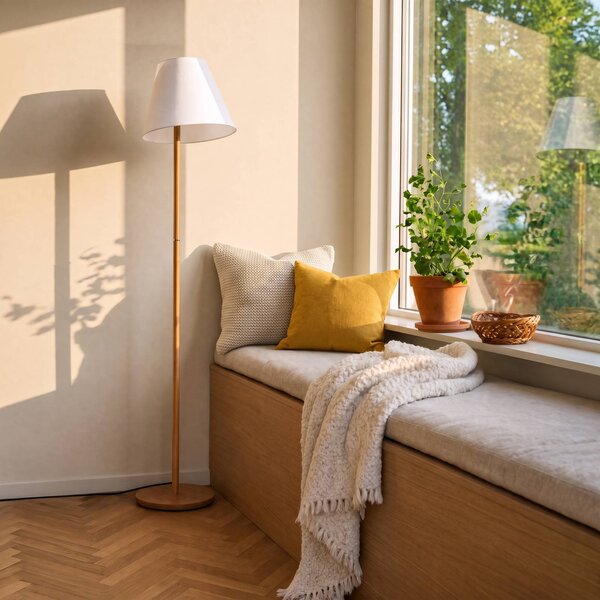 Lucande állólámpa Jinda, fehér, fa, szövet, 160 cm, E27, Fehér / opál, Nappali / Étkező, Textil / szövet / selyem, Skandináv