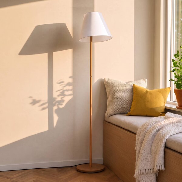 Lucande állólámpa Jinda, fehér, fa, szövet, 160 cm, E27, Fehér / opál, Nappali / Étkező, Textil / szövet / selyem, Skandináv
