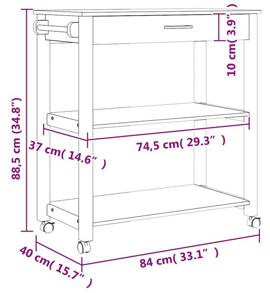 MONZA tömör fenyőfa konyhai kocsi 84 x 40 x 88,5 cm
