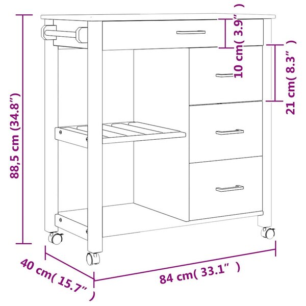 MONZA tömör fenyőfa konyhai kocsi 84 x 40 x 88,5 cm