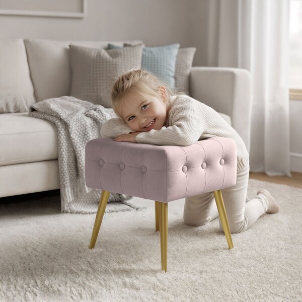 AKORD QUADRA Tapicerowana Pufa Welur Pudrowy Róż Pikowana Złote Nogi