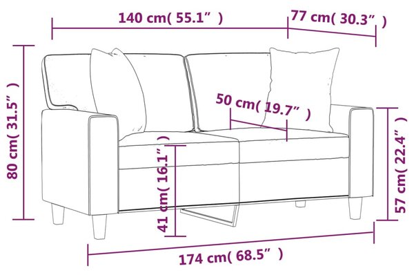 2 személyes krémszínű műbőr kanapé díszpárnákkal 140 cm