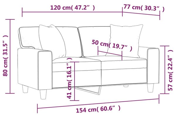 2 személyes krémszínű műbőr kanapé díszpárnákkal 120 cm