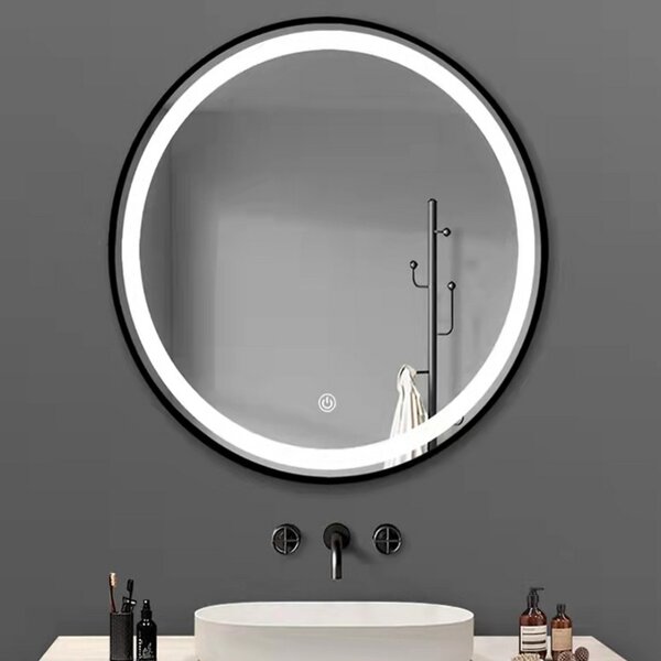TMP IRON fürdőszoba tükör - FEKETE keret - kerek - LED világítással - érintésmentes kapcsoló - 70 cm